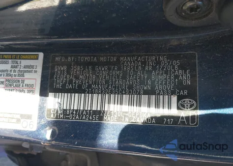 2005 Toyota Corolla Ce из США, поврежденный, VIN 2T1BR32E35C493078